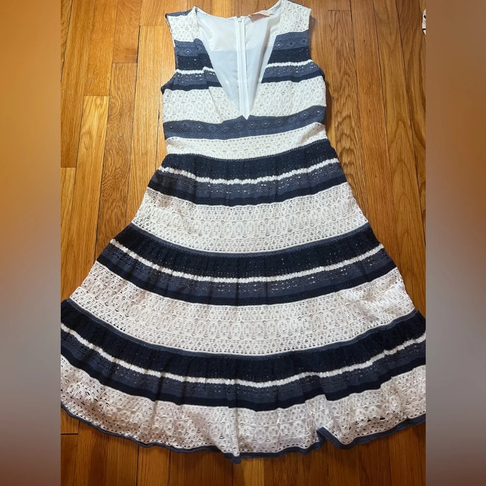 Tory Burch Navy and White Striped Lace Fit-and-Flare Dress
